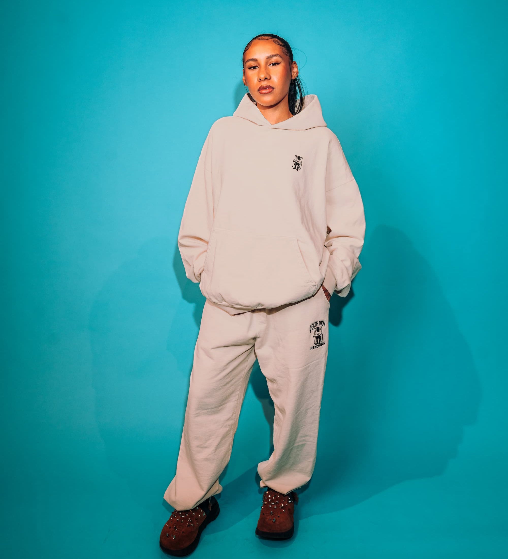 Death Row Records Embroidered Logo Cream Pullover Hoodie